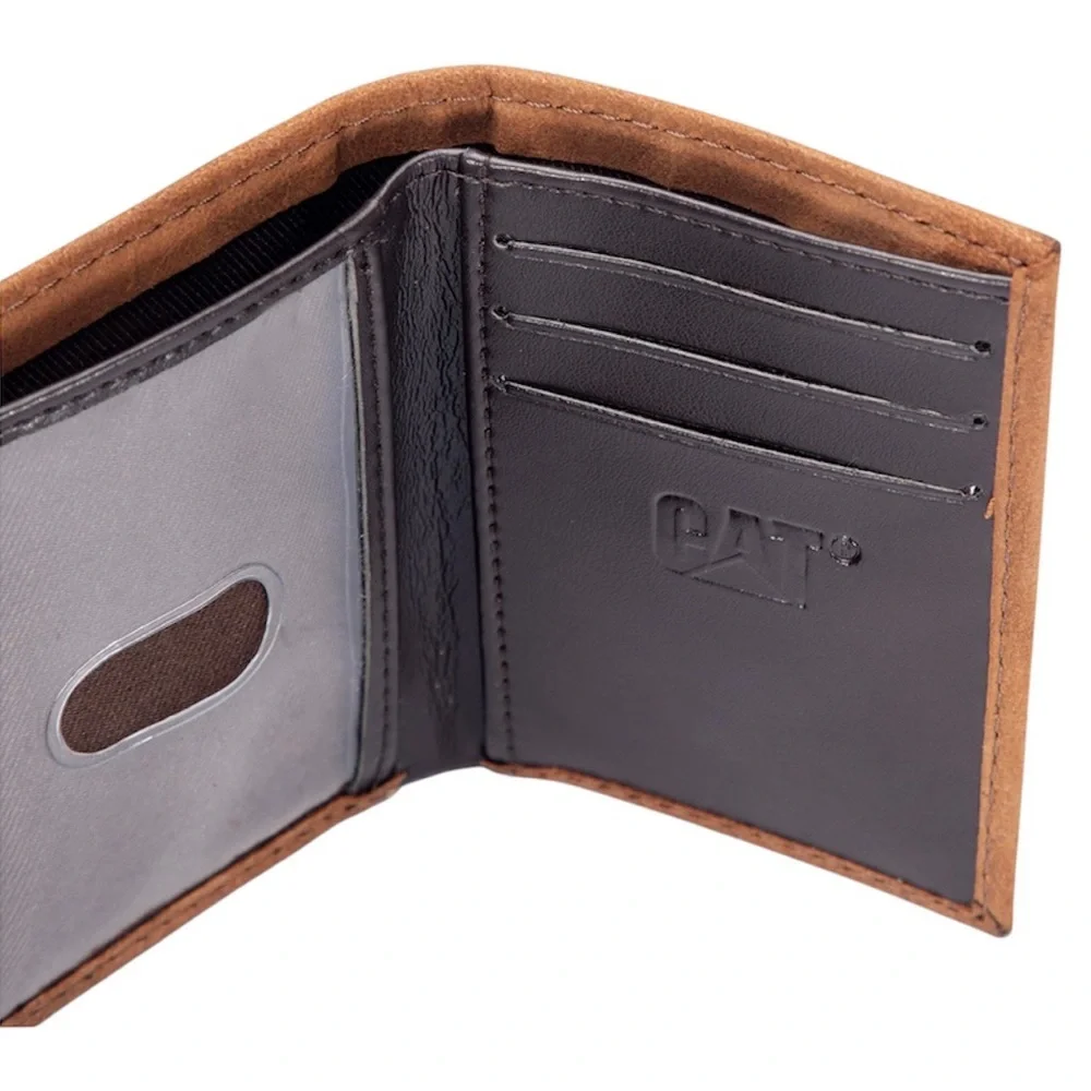 NWT CAT CATERPILLAR GENUINE LEATHER TRIFOLD WALLET WITH RFID SHIELD
